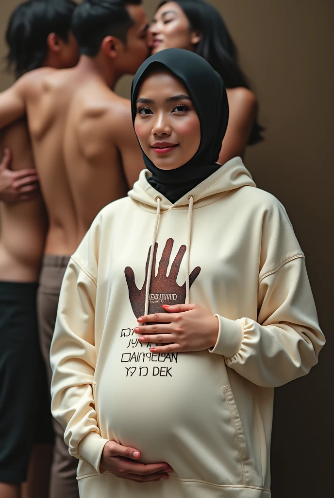 A pregnant hijaber indonesian pretty woman, wearing a cream hoodie with a strong vector design featuring a silhouetted image of a five-fingered palm in pastel colour with phra "SEBELUM HALAL JANGAN YA DEK" is displayed in bold simple elegand, distressed typography with pastel colours, while holding her long skirt, one-handed pose pointing upwards, background naked couples man and women  kissing, making love, jav idol, with front shooting angle, very realistic, (complex detail: 0.9), (hdr, hyperdetail: 1.2), RAW, Sony Alpha a9 II, 24-105mm f/4, HDR,