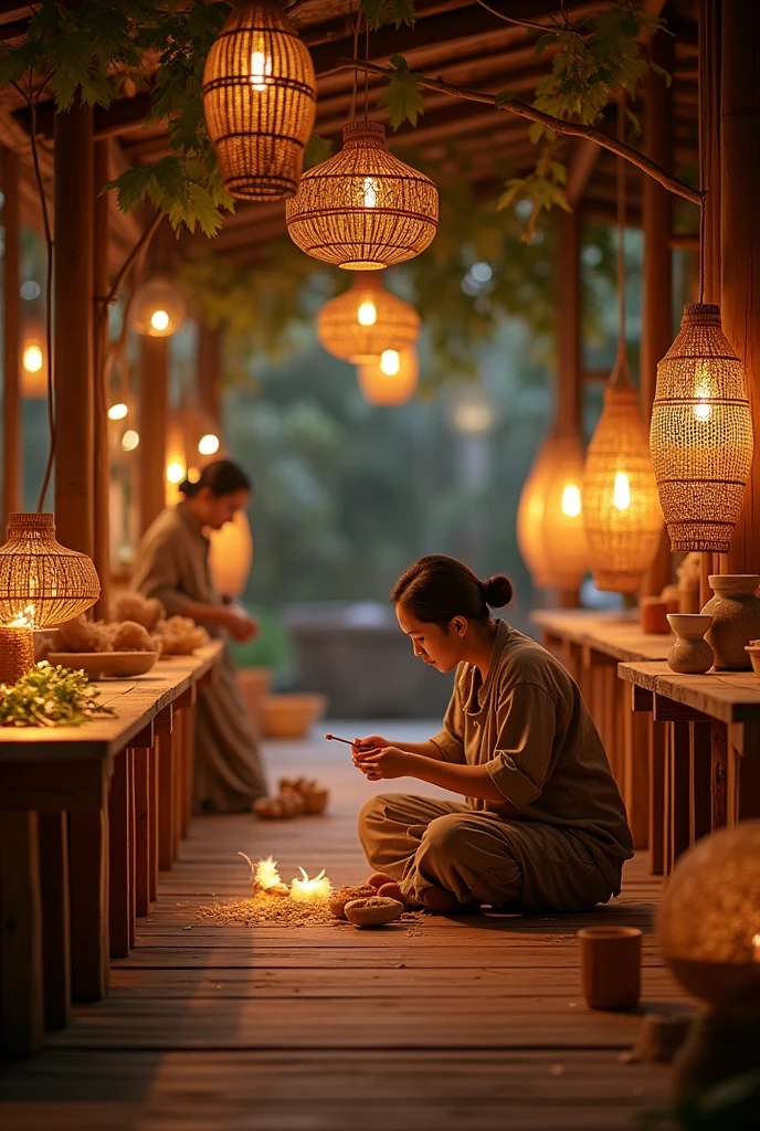 A cinematic view of Phú Vinh’s art space at twilight, with artisans crafting detailed bamboo and rattan items under the soft glow of lanterns, creating a magical, illuminated scene that highlights the artistry and craftsmanship."

