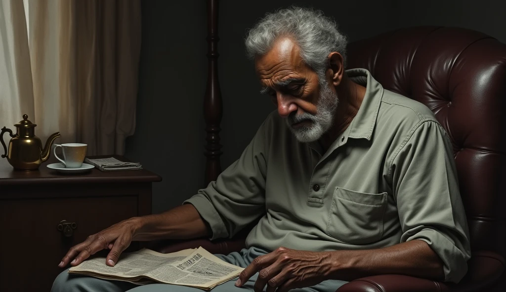 A beautiful black old man is depressed, worried and stress filled sitting in the sitting room bedroom