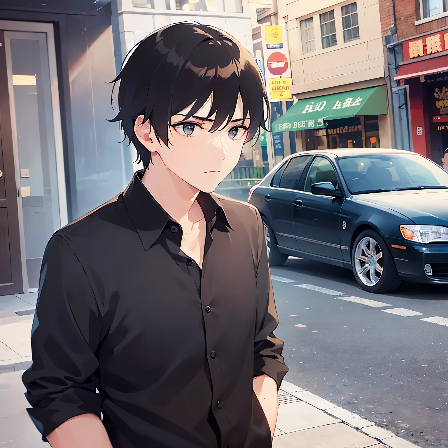 (looking away:1.5),upper body、
shiny skin, masterpiece、Highest quality、
(25-year-old male:1.5) and (Brown short hair) and (Green Eyes),
(black collared shirt:1.5) ,
furrowed brow、confused,In town、(alone:1.5)