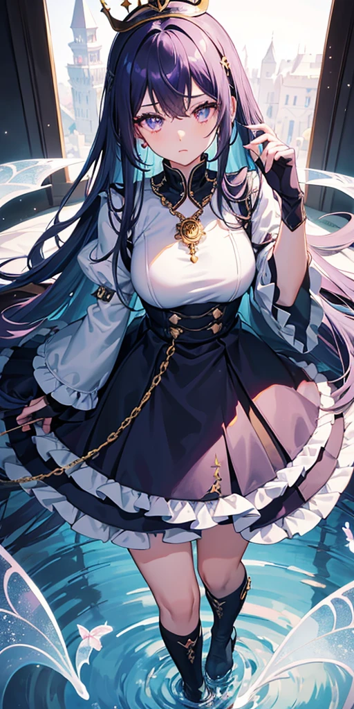 (Top view),Dynamic Angle,Extremely detailed, illustration, close up, straight on, 1 Girl, (fantasy:1.4), (Purple Eyes:1.233),Her eyes shone like Dreamy stars,(Glowing eyes:1.233),(Beautiful and delicate eyes:1.1),(Black Hair:1.14),(Long and straight hair，Hair between the eyes,Side lock), (+(crown:1.14)),(Lolita dress,Golden flower pattern)/=(military uniform:1.24),(Separate sleeves,Wide sleeves),(Fingerless gloves),Necklace,(miko knee-high socks),Black high heel boots,(Poker face,Shut up),(permanent), (Classical princess boudoir with dressing table and French windows in a white old palace),(White flowers,bloom),(deep sea),(flowing water),(a dull blue world tree:1.14),(ruins),(night:1.2),Dreamy,soul,(Fluorescence),(Flying translucent blue butterfly:1.15), [[Slender fingers and hands:0.55]::0.85],(Detail fingers),(yubao:0.5),