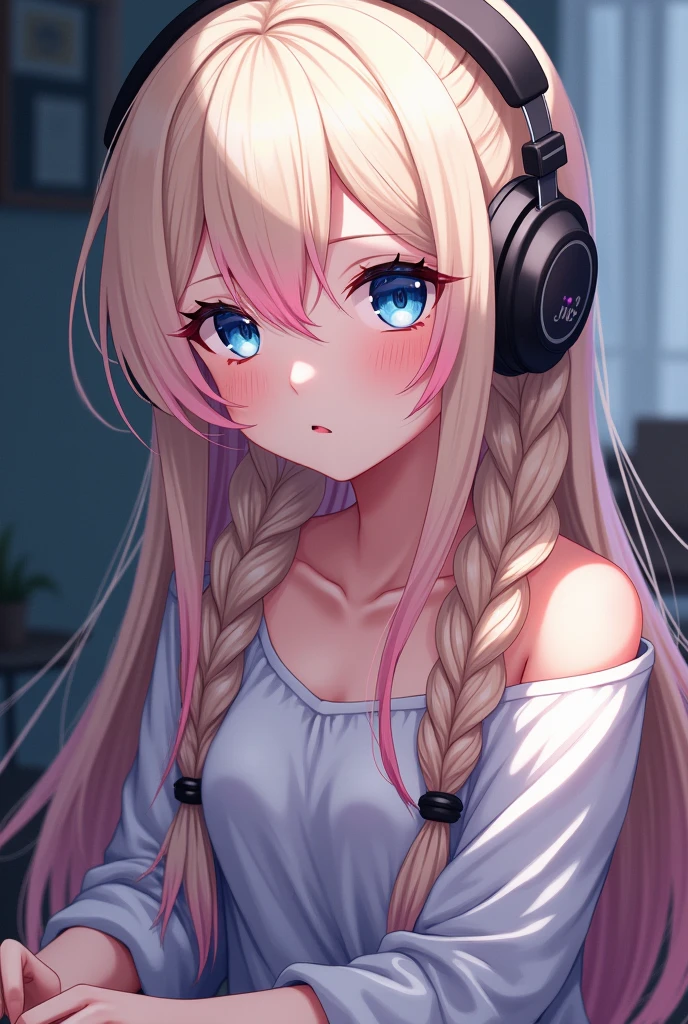 Long platinum blonde hair with pink tips Shy Eyes: Dark blue Anime-like body 24 years old Shy Idol Headphones: Two braids under the headphone lyricist/composer