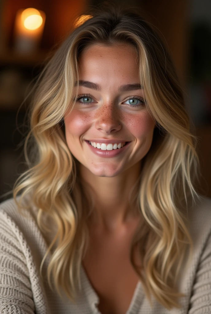 create an influencer,blonde hair,Scandinavian,light eyes,light brown skin,spotty,girl next door,Natural photo, spontaneous photo,55 mm linse, Permissive,at home, Background also sharp,smiling, further away from the camera,candlelight dinner ,natural posture