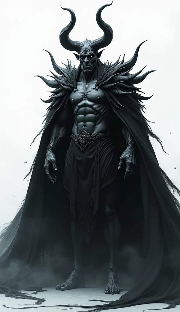 A male demon with 2 horns on his head With a dark aura around him Scary look Imposing appearance On a white background