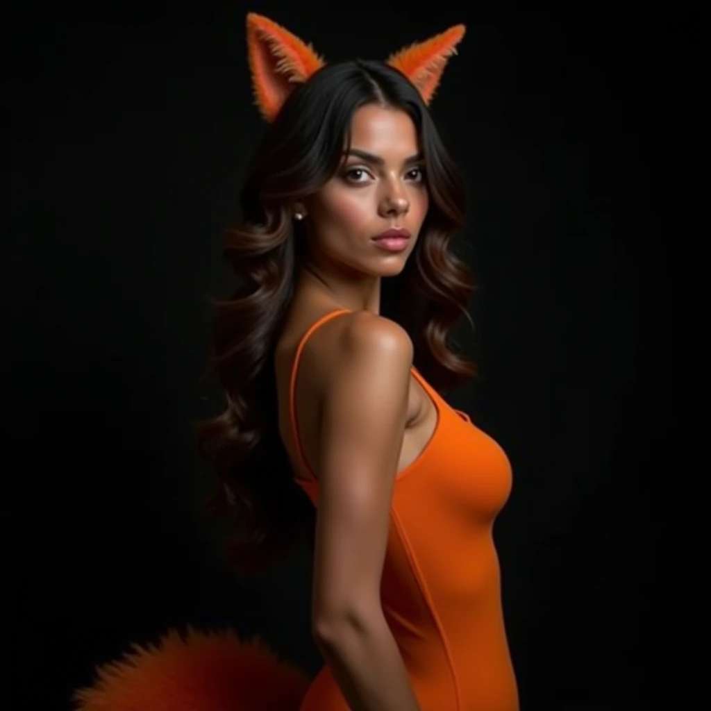 Latin woman, 17 years, pretty face, flirtatious smile, long black curly hair, light brown eyes, with an orange robe revealing huge breasts, fox ears, foxtail, sitting on massage table, Photo studio, Black background