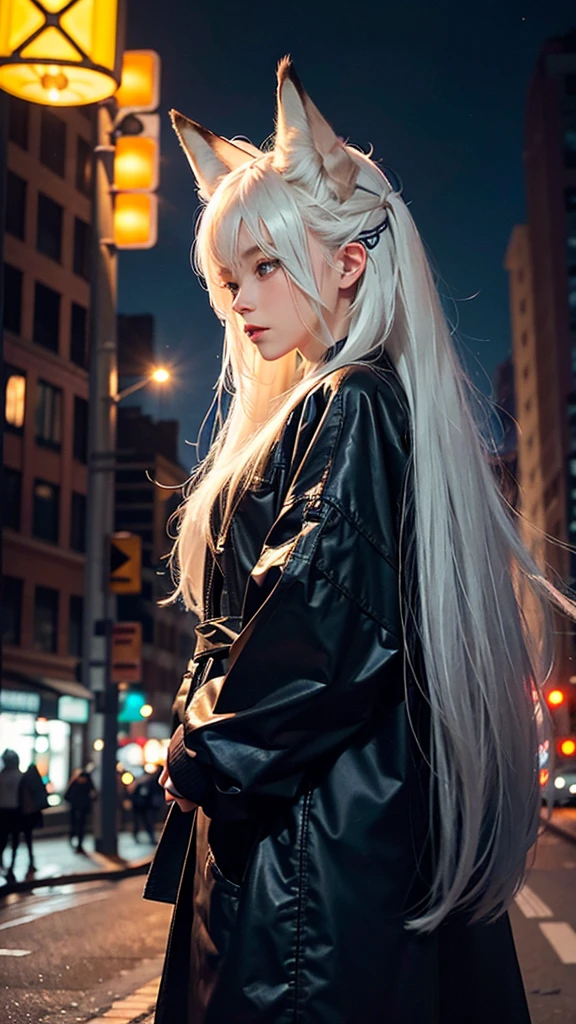 Best image quality, The image shows a girl with long white hair, with ears resembling those of a fox on her head. The girl appears to be standing on a city street at night, with the lights of buildings and traffic signals illuminated in the background. She is wearing modern black clothing and is seen in a side profile, looking towards the camera with a serious or contemplative expression. The colors in the image are characterized by a contrast between the warm city lights and the girl's shiny hair.