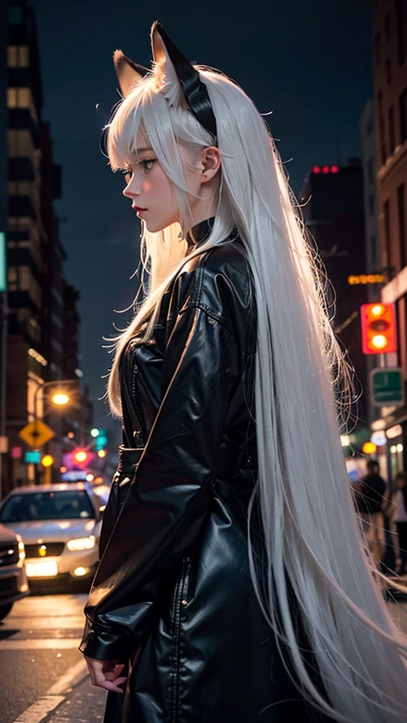 Best image quality, The image shows a girl with long white hair, with ears resembling those of a fox on her head. The girl appears to be standing on a city street at night, with the lights of buildings and traffic signals illuminated in the background. She is wearing modern black clothing and is seen in a side profile, looking towards the camera with a serious or contemplative expression. The colors in the image are characterized by a contrast between the warm city lights and the girl's shiny hair.