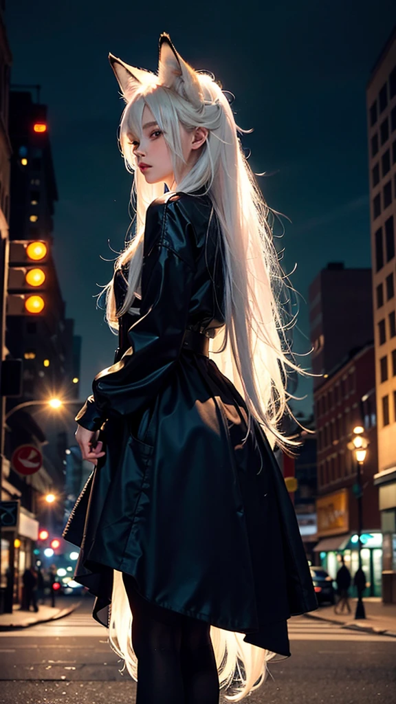 Best image quality, The image shows a girl with long white hair, with ears resembling those of a fox on her head. The girl appears to be standing on a city street at night, with the lights of buildings and traffic signals illuminated in the background. She is wearing modern black clothing and is seen in a side profile, looking towards the camera with a serious or contemplative expression. The colors in the image are characterized by a contrast between the warm city lights and the girl's shiny hair.
