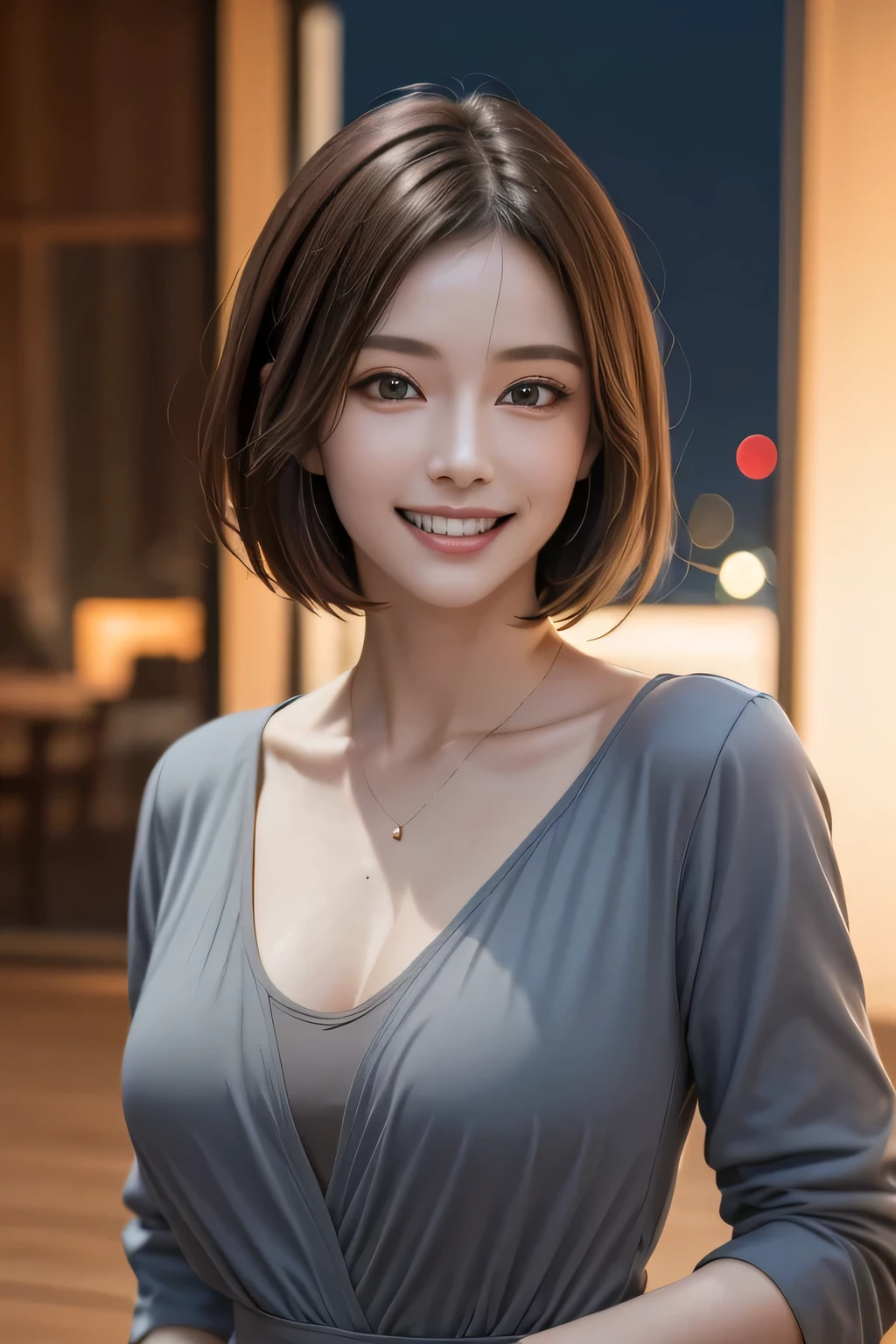 (highest quality, 8k, 32K, masterpiece), (Realistic), (Realistic:1.2), (High resolution), (night:1.7), Japan, cyber punk, 街の景Farbe, In front of the window,Wooden floor, Blue jacket, Grey Shirt, clavicle, jewelry, gem, Brunette Bob, 1 female, 45 years old, (Grin), Beautiful body, beautifulNose, beautifulcharacter design, Perfect Eyes, perfectface, Expressive eyes, View your audience, Center the image, (Cowboy Shot), Official Art, Very detailed CG Unity 8k wallpaper, Perfect lighting,Farbeful, bright_front_face_Lighting,Glowing Skin, (masterpiece:1.0),(Highest_quality:1.0), 超High resolution,4K,Very detailed, photograph, 8k, High resolution, High resolution, absurdes:1.2, Kodak Port 400, Film Grain, Blurred Background, bokeh:1.2, Lens flare, (Vibrant_Farbe:1.2) (beautiful,chest), (beautiful_face:1.5),(narrow_Waist)