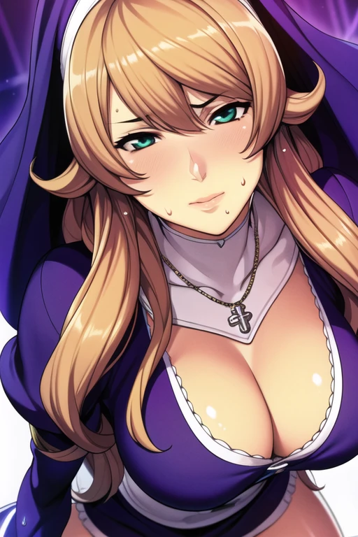 Simple dark Background,
purple outfit, puffy sleeves, cleavage cutout, cleavage,
nun, jewelry, necklace,
long hair, brown hair, Bangs, green eyes, purple cape on her head,
1 girl, 20yo, Young female, Beautiful Finger, Beautiful long legs, Beautiful body, Beautiful Nose, Beautiful character design, perfect eyes, perfect face, expressive eyes, perfect balance,
looking at viewer, (Focus on her face), (innocent_big_eyes:1.0), (aroused facial expression), closed mouth, blush, sweat,
official art, extremely detailed CG unity 8k wallpaper, perfect lighting, Colorful, Bright_Front_face_Lighting, shiny skin,
(masterpiece:1.0), (best_quality:1.0), ultra high res, 4K, ultra-detailed,
highres, absurdres, blurry background, vibrant color, (view from below)
(Beautiful,large_Breasts:1.4), (beautiful_face:1.5), (narrow_waist),