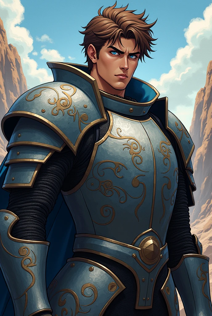 Knight with brown hair and blue eyes, calm face with the "Berserk Armor" anime style profile picture 