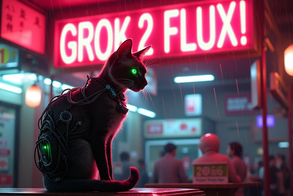 A movie poster, A huge neon sign in the middle reads "GROK 2 FLUX!" ,Masterpiece, 4k, 8k, high quality, highly detailed, concept art, A cyberneticly enhanced cat, glowing neon green eyes, cables on back, robotics, one paw is metalic, looking at viewer, sitting on a bar of a noodle shop, grooming itself, cyberpunk setting, raining, neon lights,