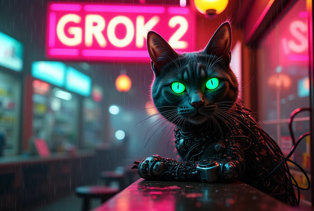 A movie poster, A huge neon sign in the middle reads "GROK 2 FLUX!" ,Masterpiece, 4k, 8k, high quality, highly detailed, concept art, A cyberneticly enhanced cat, glowing neon green eyes, cables on back, robotics, one paw is metalic, looking at viewer, sitting on a bar of a noodle shop, grooming itself, cyberpunk setting, raining, neon lights,