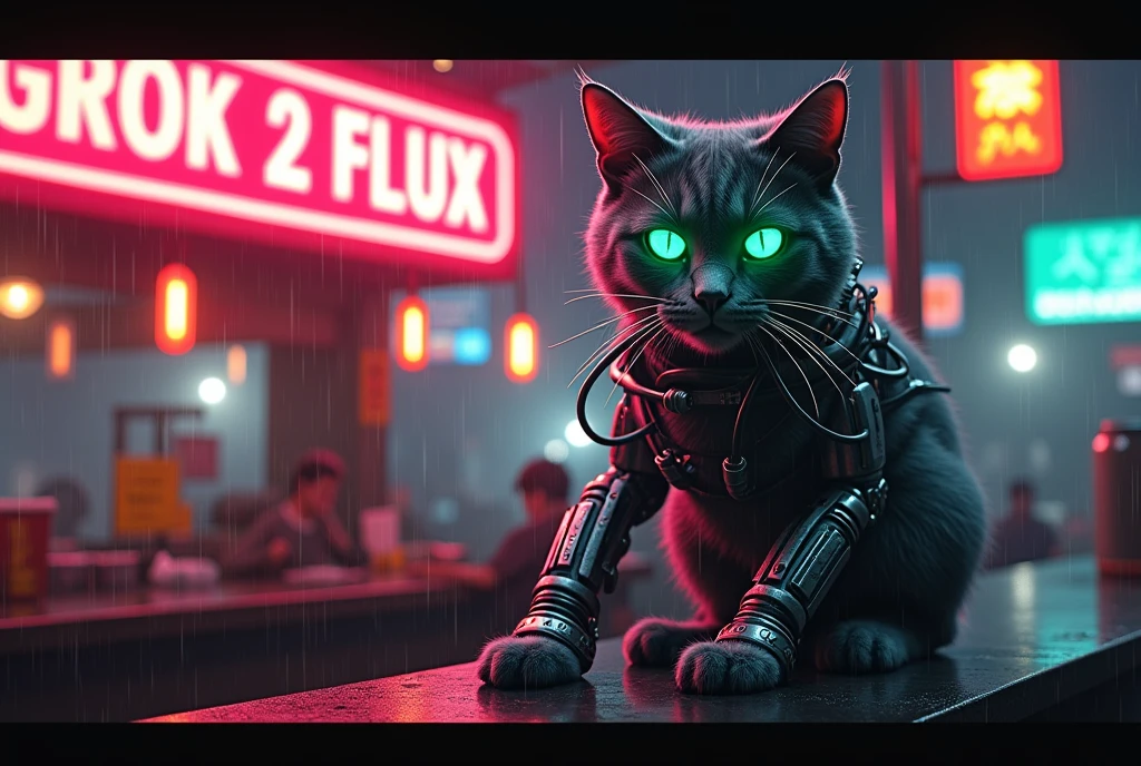 A movie poster, A huge neon sign in the middle reads "GROK 2 FLUX!" ,Masterpiece, 4k, 8k, high quality, highly detailed, concept art, A cyberneticly enhanced cat, glowing neon green eyes, cables on back, robotics, one paw is metalic, looking at viewer, sitting on a bar of a noodle shop, grooming itself, cyberpunk setting, raining, neon lights,