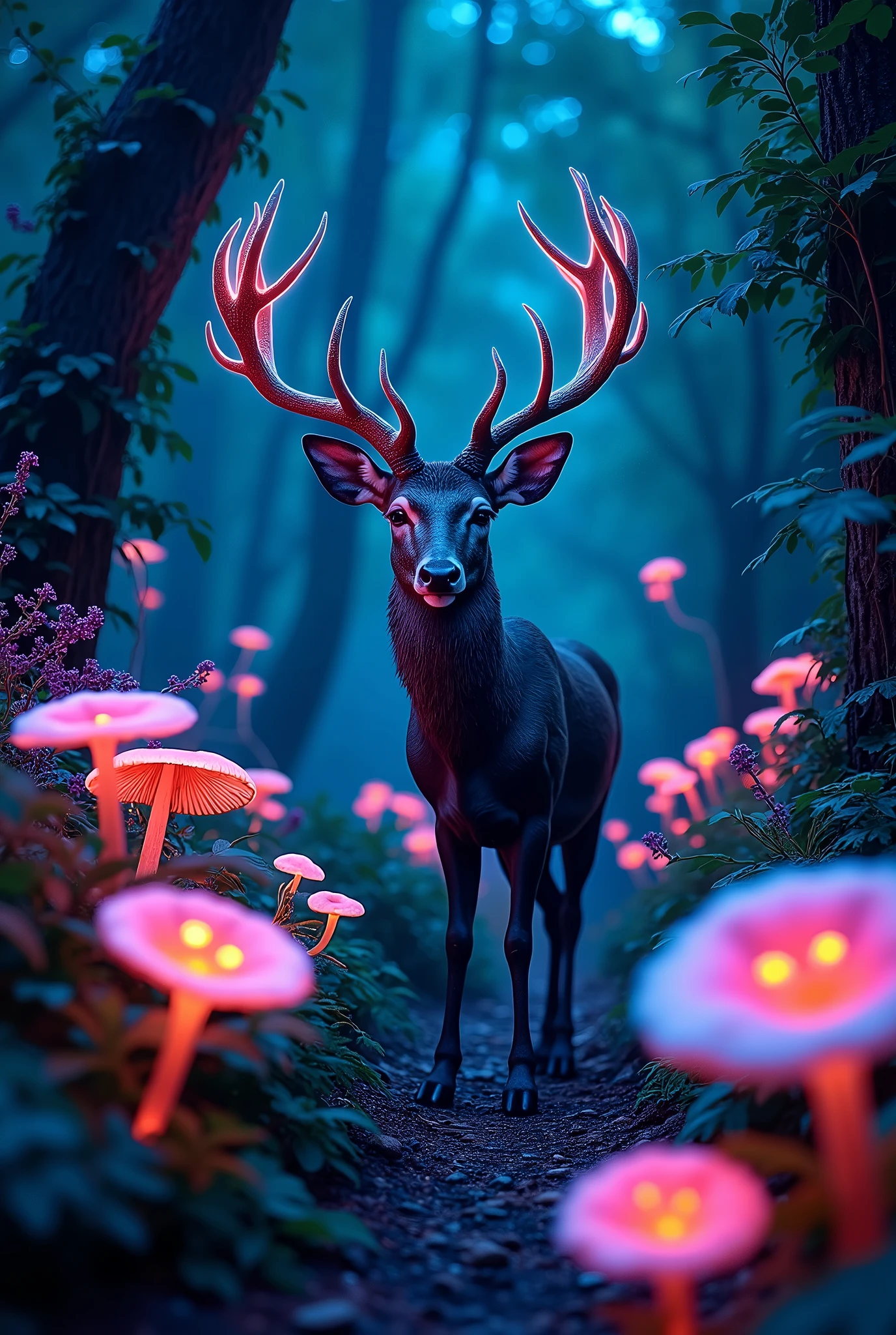 a glowing bioluminescent forest, bioluminescent mushrooms, bioluminescent plants, glowing bioluminescent flowers, a glowing bioluminescent deer, ultra-detailed, (best quality,4k,8k,highres,masterpiece:1.2),ultra-detailed,(realistic,photorealistic,photo-realistic:1.37),dramatic lighting,vibrant colors,cinematic composition