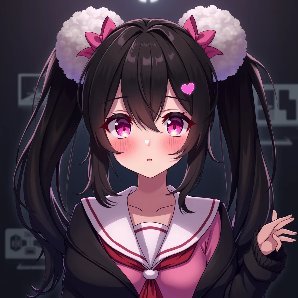 One person, Black Hair,Pink inner color,Hairstyle is half twin tail, bangs,Pink Eyes, Droopy eyes,Hearts in eyes, White fluffy hair accessory,Pink hair ribbon, anime, anime風, skirt,Frills,Mine system,smartphone,Pink Sailor Suit,Dark cardigan,Drooping eyes,Confused eyes,Worried brow,Yandere,background computer,smartphone,delivery,Illness,dark,Korelis,Korekore,Exposure