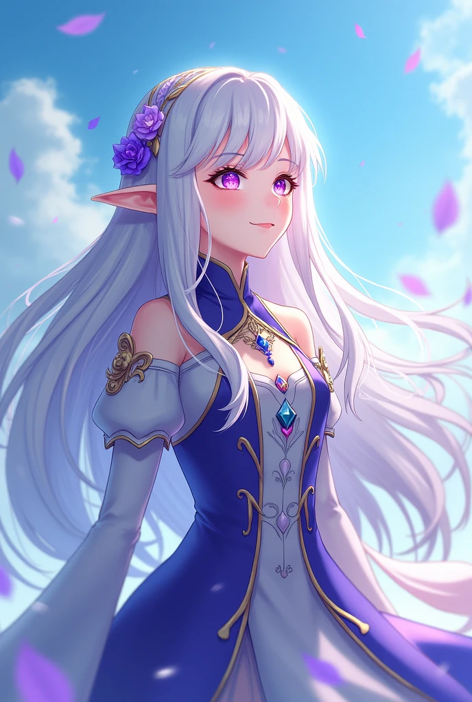 1girl magical uniform elf smile long hair silver hair purple eye sky