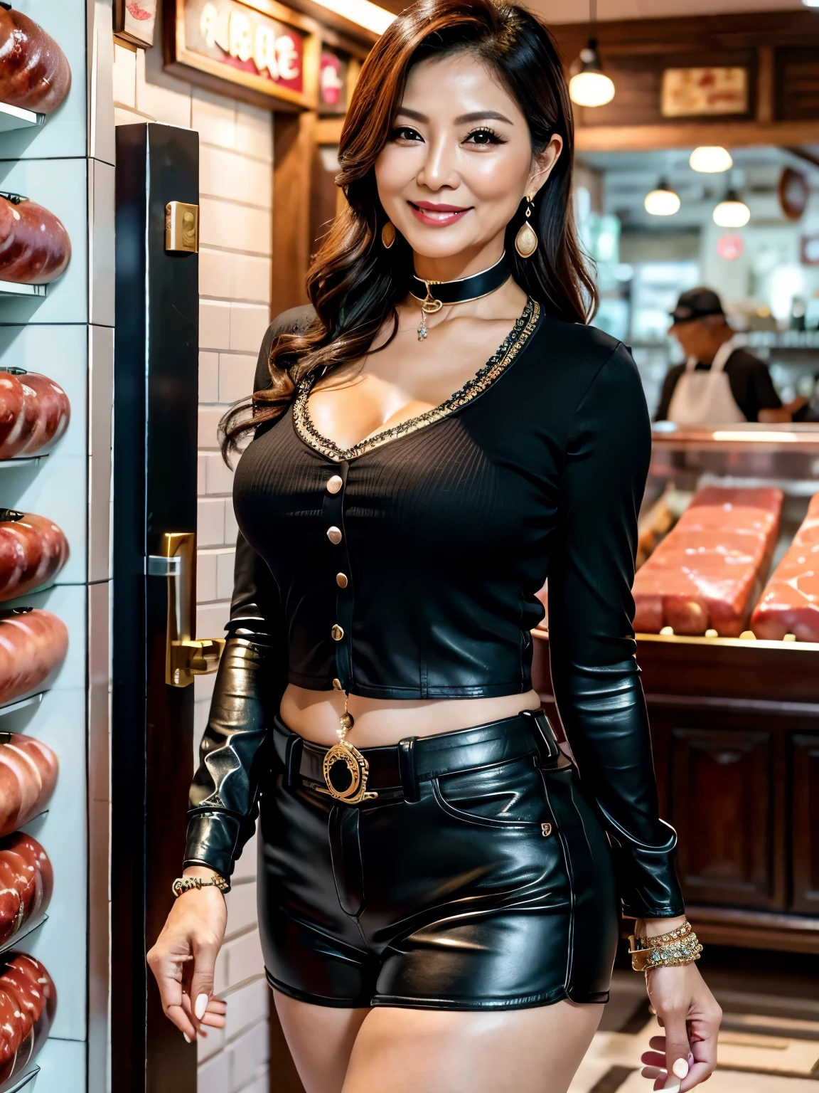75 years old　mom　milf　Chinese Lady　large earring　Big choker　navel piercing decoration　A bracelet　realisitic　Gorgeous Madame Beautiful Mature Woman　sexly　Smile　Gentle woman navel piercing　４K　High quality　Gorgeous Madame Beautiful Mature Woman　Leather shorts　Jumbo sausages