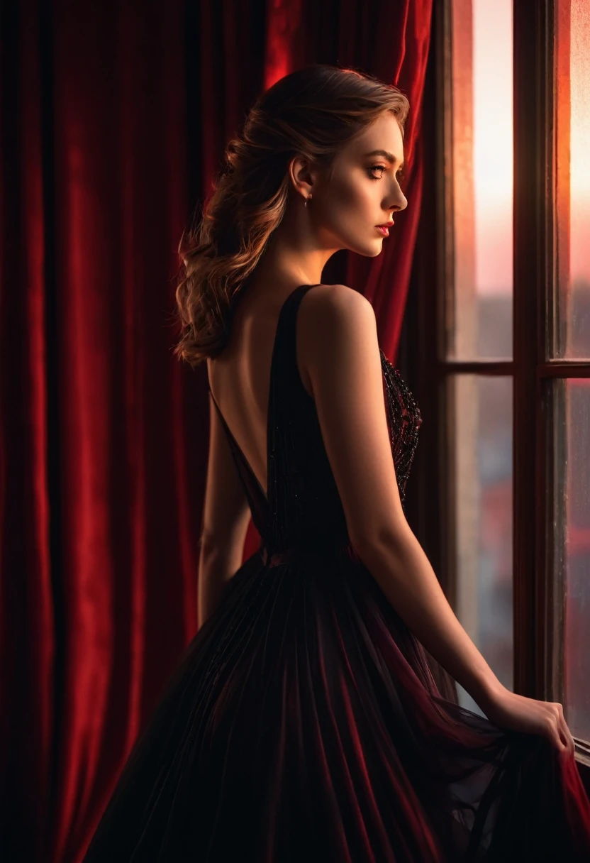 closeup shot, woman in a dress standing in front of a window, romanticism, in evening gown, flowing gown, wearing a flowing dress, mysterious woman, haunting beautiful young woman, wearing a black flowing dress, flowing dress, woman in dress, extremely moody red lighting, 