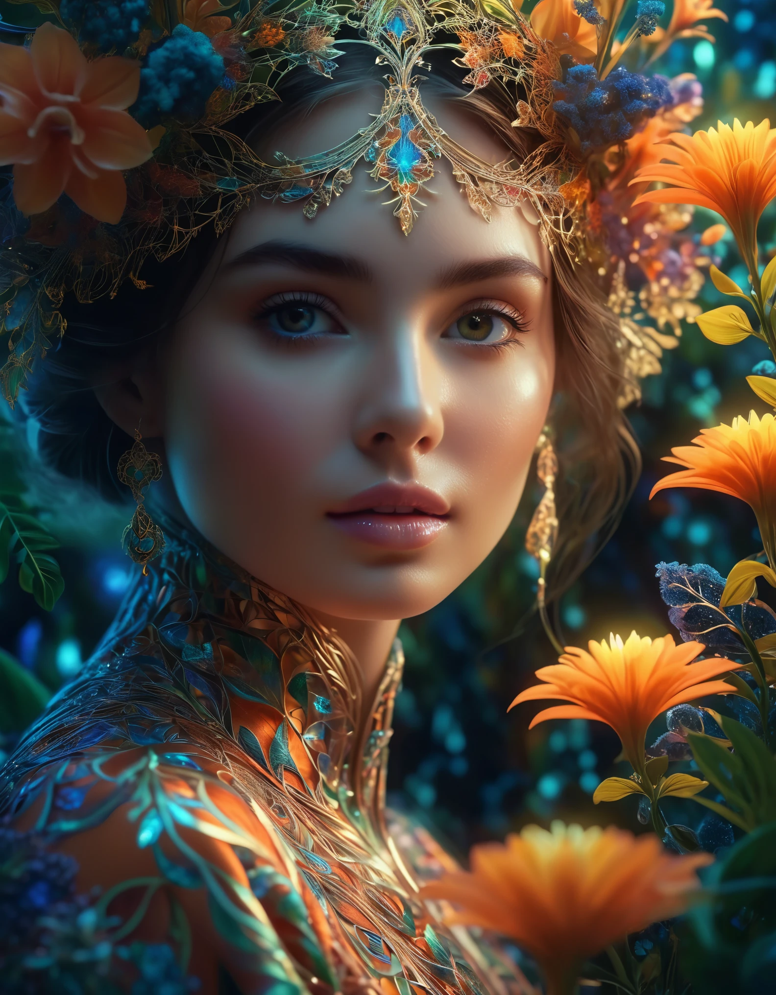 A mysterious woman with a captivating gaze and a touch of mischief, surrounded by delicate, interwoven fractal patterns and incandescent flora, (best quality,4k,8k,highres,masterpiece:1.2),ultra-detailed,(realistic,photorealistic,photo-realistic:1.37),beautiful detailed eyes,beautiful detailed lips,extremely detailed eyes and face,long eyelashes,portrait,dramatic lighting,ethereal,mystical,fantasy,dreamlike,glowing,vibrant colors,lush flora,intricate patterns,fractal,iridescent,cinematic