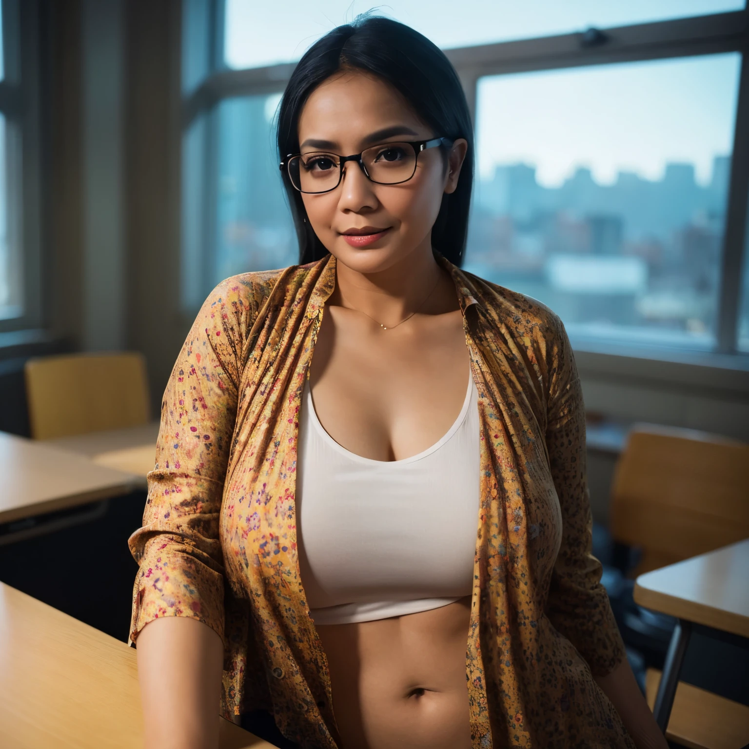 ((beautiful Nerd Indonesian Mature woman : 1.2, College Lecturer)), 45 Years old, Middle age woman, name mira filzah brown eye, wearing nerd eyewear,tudung muslim,modernbaju kurung, Lace Bra, looking rich Woman, Sugar Mama, unbuttoned baju Kurung, calm,confident,happy,beautifull MILF Curvy body, White Skin Body,looking at viewer, sitting on desk in classroom, (photo, photorealistic:1.37), (ultrahigh-res), half body, walking pose, hyper detailed POV, by lee jeffries, nikon d850, film stock photograph ,4 kodak portra 400 ,camera f1.6 lens ,rich colors ,hyper realistic ,lifelike texture, dramatic lighting , cinestill 800, (huge breasts 1.3).