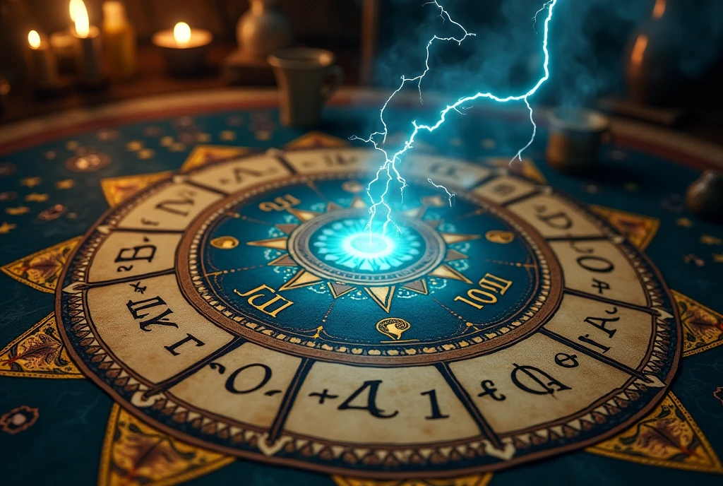 A board with on top with text saying "GROK 2 FLUX!" and thunder emoji , tarot reading with a magical card in the middle of the table, The background is Ghost and [Egyptian|Folk], with the equations appearing Cinestill and ever-changing, creating a World of Warcraft and perfect symmetry mood.