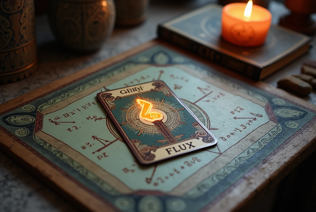 A board with on top with text saying "GROK 2 FLUX!" and thunder emoji , tarot reading with a magical card in the middle of the table, The background is Ghost and [Egyptian|Folk], with the equations appearing Cinestill and ever-changing, creating a World of Warcraft and perfect symmetry mood.