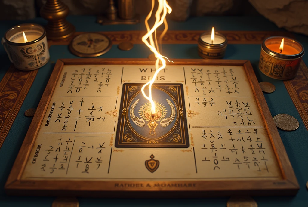 A board with on top with text saying "GROK 2 FLUX!" and thunder emoji , tarot reading with a magical card in the middle of the table, The background is Ghost and [Egyptian|Folk], with the equations appearing Cinestill and ever-changing, creating a World of Warcraft and perfect symmetry mood.