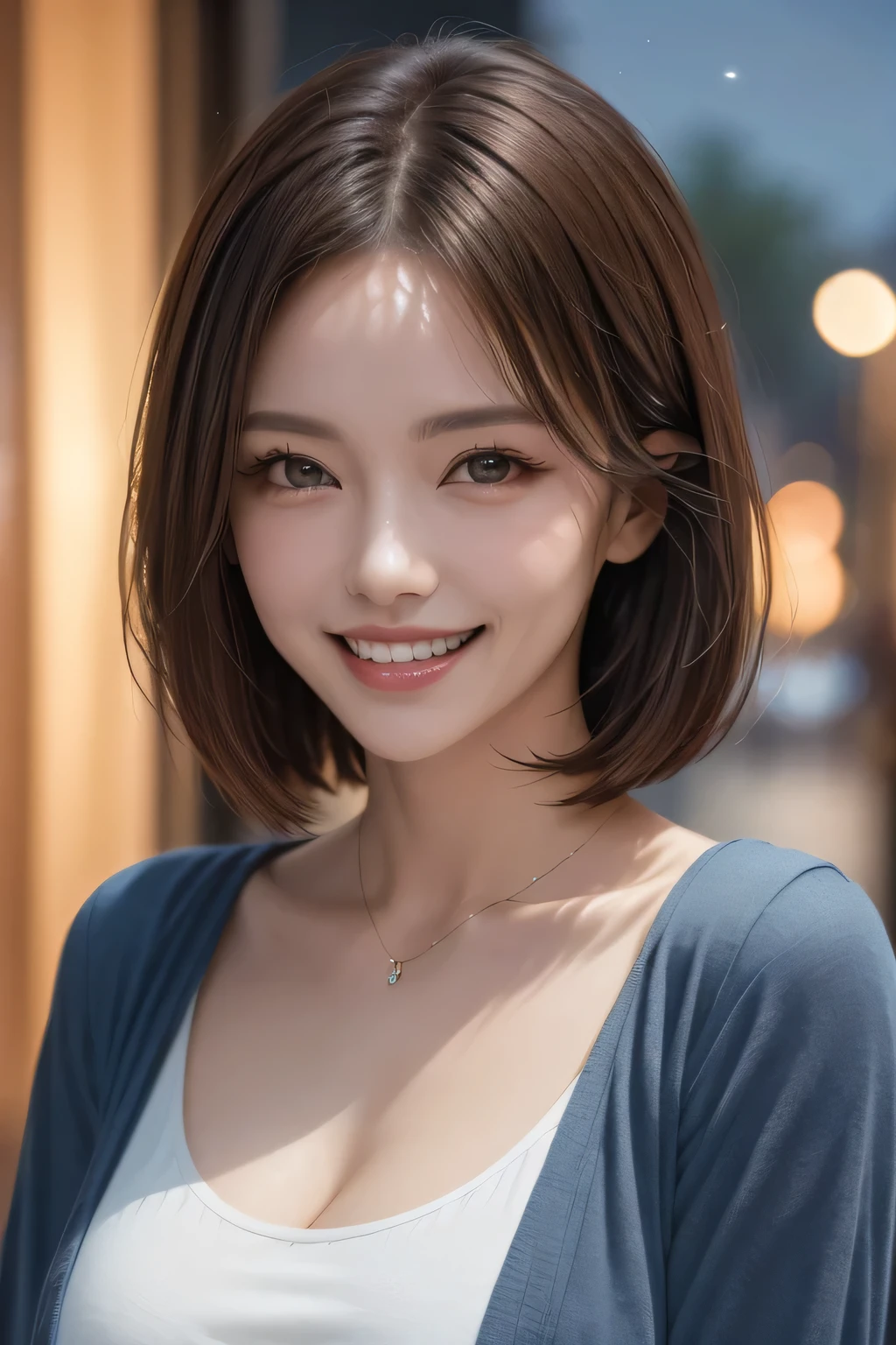 (highest quality, 8k, 32K, masterpiece), (Realistic), (Realistic:1.2), (High resolution), (night:1.7), Japan, cyber punk, 街の景Farbe, In front of the window,Wooden floor, Blue jacket, Grey Shirt, clavicle, jewelry, gem, Brunette Bob, 1 female, 45 years old, (Grin), Beautiful body, beautifulNose, beautifulcharacter design, Perfect Eyes, perfectface, Expressive eyes, View your audience, Center the image, (Cowboy Shot), Official Art, Very detailed CG Unity 8k wallpaper, Perfect lighting,Farbeful, bright_front_face_Lighting,Glowing Skin, (masterpiece:1.0),(Highest_quality:1.0), 超High resolution,4K,Very detailed, photograph, 8k, High resolution, High resolution, absurdes:1.2, Kodak Port 400, Film Grain, Blurred Background, bokeh:1.2, Lens flare, (Vibrant_Farbe:1.2) (beautiful,chest), (beautiful_face:1.5),(narrow_Waist)