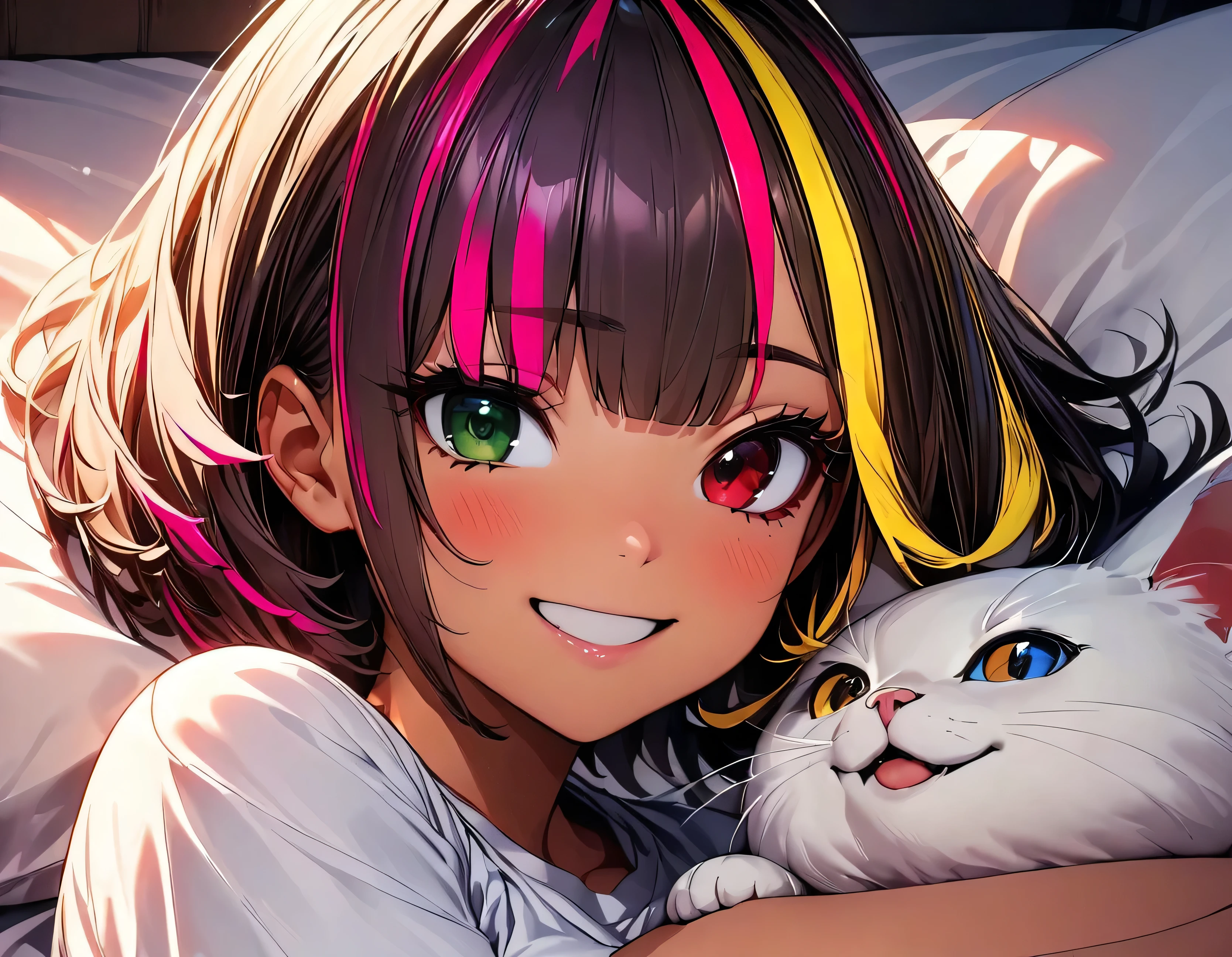 (highest quality:1.2, Very detailed, up to date, Vibrant, Ultra-high resolution, High Contrast, masterpiece:1.2, highest quality, Best aesthetics), Portraiture、girl、solo, (25-years-old:1), slim, heterrochromia, green eye, red eye, extra short hair, ((bob cut:1.5))、pink and purple, ((streaked hair:1.9)), (highlights hair: 1.6), t-shirt, (medium breast:0.7), (tan skin:0.5), Holding a very big cute stuffed cat, (lying on the bed), (happy:1.8), Bright colors、Beautiful fine details、Beautiful lip detail、looking_at_viewer, (close-up of the head:0.9)