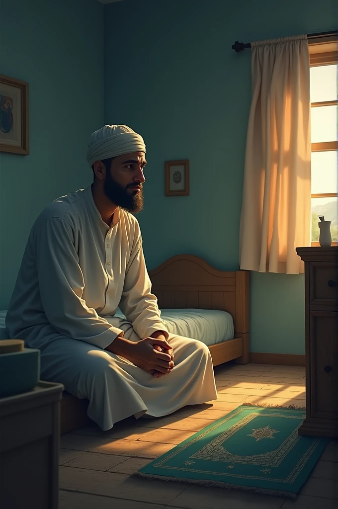 A muslim man waking up on the bed in early morning in a the dull light room and a prayer mat on the floor . Create an animated picture of this that looks animated and also real