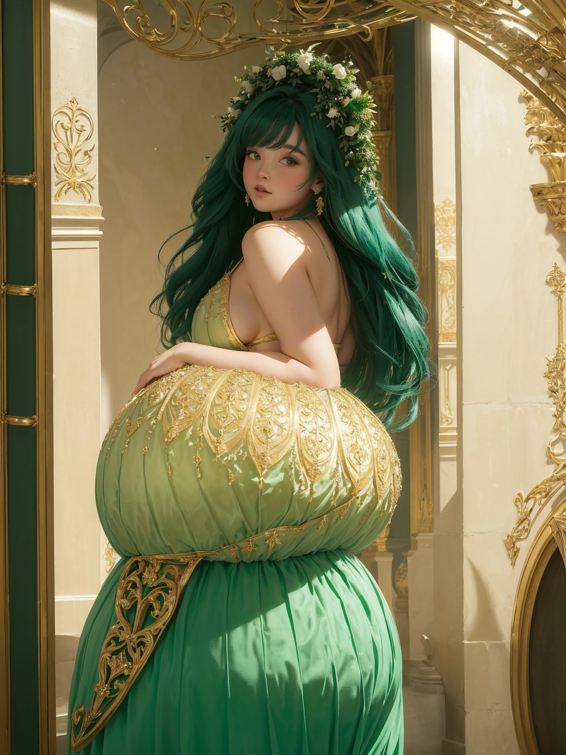 une femme obèse vêtue d'une robe verte debout dans une salle de bain, elle a un ventre rond et gros, Grosse femme, Gros ventre, son ventre est gros et rond, figure complète hyperréaliste, un portrait d&#39;une femme rondelette, Eiko Ishioka, extrêmement dodu, Rinko Kawaichi, c&#39;est doux-amer, gros estomac, salle de bain, sort de la douche 