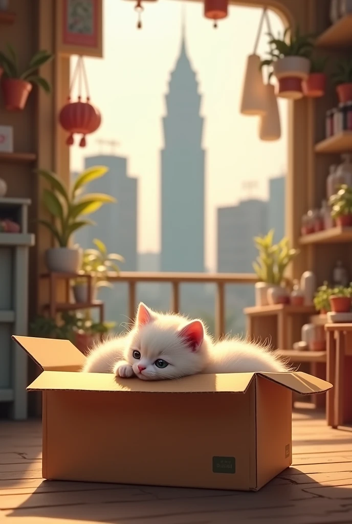 realistic, a snowshoe kitten nestled in a cozy cardboard box inside a bustling shoplot in Kuala Lumpur. The morning light filters through, illuminating the kitten and the shop's interior. In the background, through the shop’s window, you can see the impressive, towering Merdeka 118 building, standing tall against the morning sky.