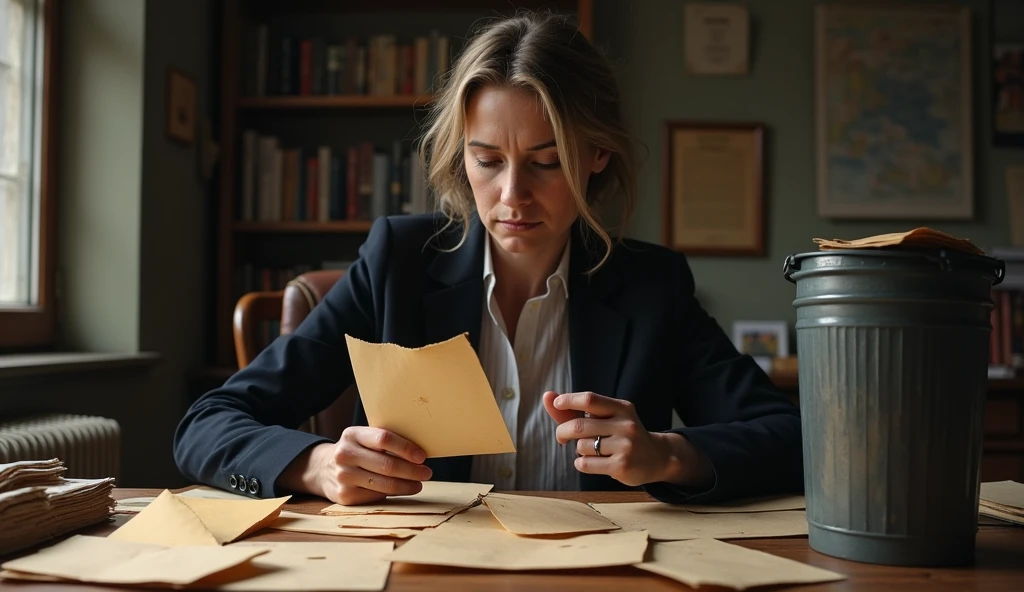 A pile of rejection letters from various publishers on a desk, with J.K. Rowling’s hand holding one letter, while her other hand hovers over a trash bin.