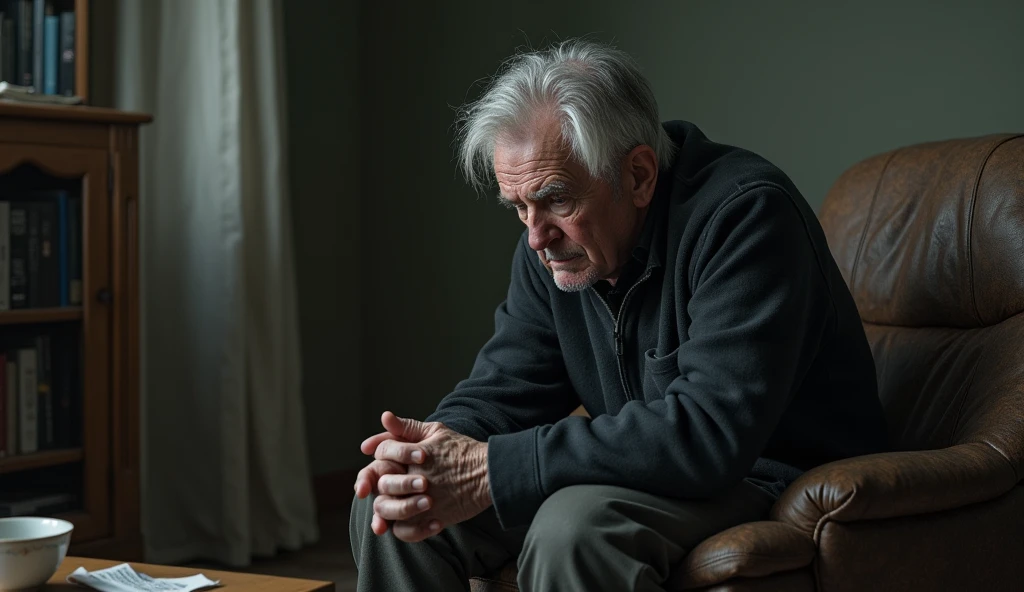 An old old man is depressed, worried and stress filled sitting in the sitting room alone 