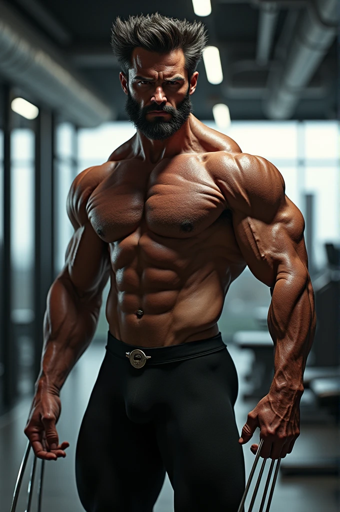Wolverine wears a tight suit in the gym, wolverine is showing off his muscles and cock