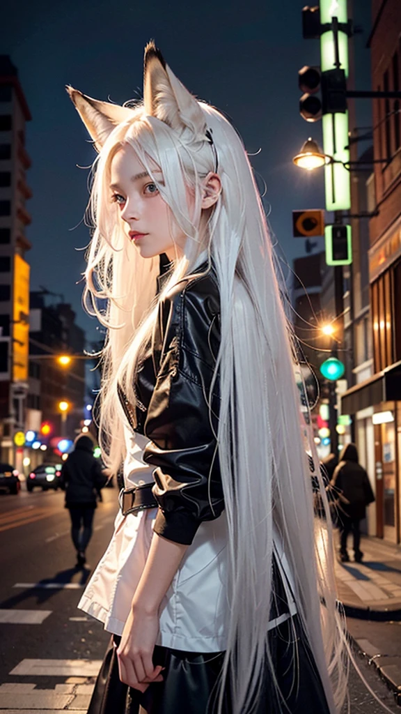 Best image quality, The image shows a girl with long white hair, with ears resembling those of a fox on her head. The girl appears to be standing on a city street at night, with the lights of buildings and traffic signals illuminated in the background. She is wearing modern black clothing and is seen in a side profile, looking towards the camera with a serious or contemplative expression. The colors in the image are characterized by a contrast between the warm city lights and the girl's shiny hair.