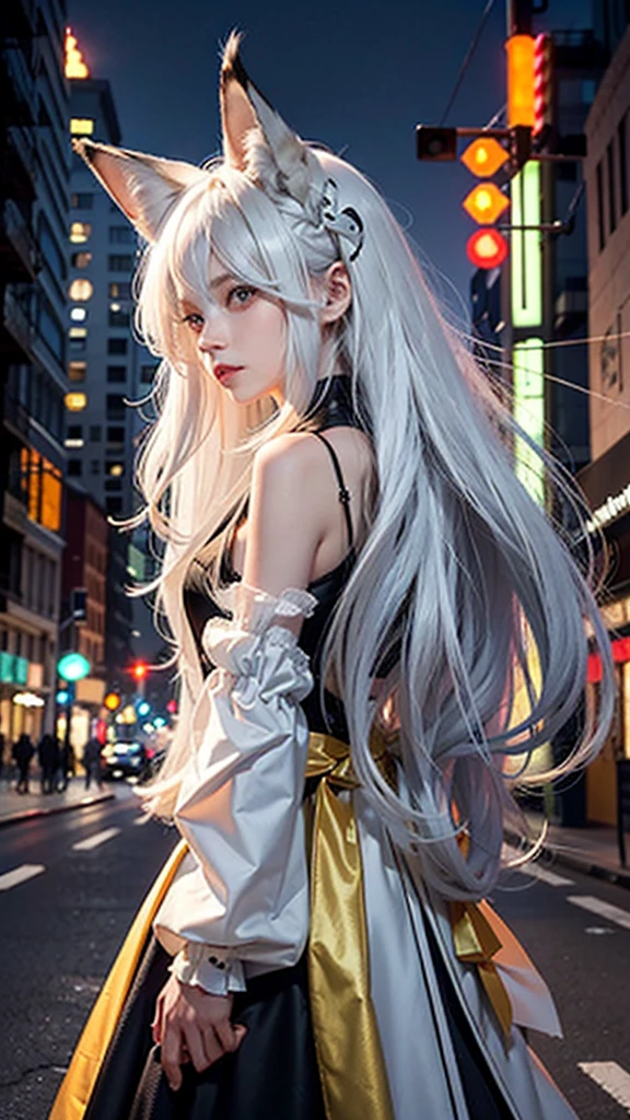 Best image quality, The image shows a girl with long white hair, with ears resembling those of a fox on her head. The girl appears to be standing on a city street at night, with the lights of buildings and traffic signals illuminated in the background. She is wearing modern black clothing and is seen in a side profile, looking towards the camera with a serious or contemplative expression. The colors in the image are characterized by a contrast between the warm city lights and the girl's shiny hair.