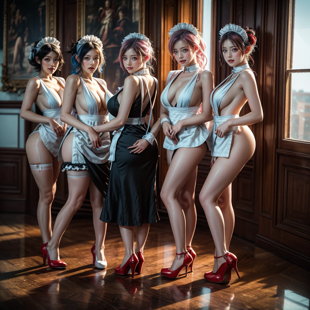 (Full Body of Extremely Detailed((Sexy Maid Group in a row:1.37))), KAWAII perfect face with Reflective Eyes, Detailed(Delicate Clothing textures), Correct Graceful Legs, Dynamic Joyful Expressions LifeLike Rendering, Specular Reflection, TopQuality 8K Ultra-detailed masterpiece (ProfessionalPhoto:1.37), (Acutance:0.8), (Luminism:1.28), Renaissance art style, Colorful Light particles, (Full body from side) {MicroMini Skirt|Kissing Face to Face|Thigh Gap|Cute Peach AssFocus|(NakedApron with (Overflowing Sideboob))}, Radiant Fine Skin with Transparency, (Exposed:0.4) {Pink Hair|LightBlue Hair|Blonde|Pure White Hair|Liquid Hair|Red Shoes}, Perfect Lighting