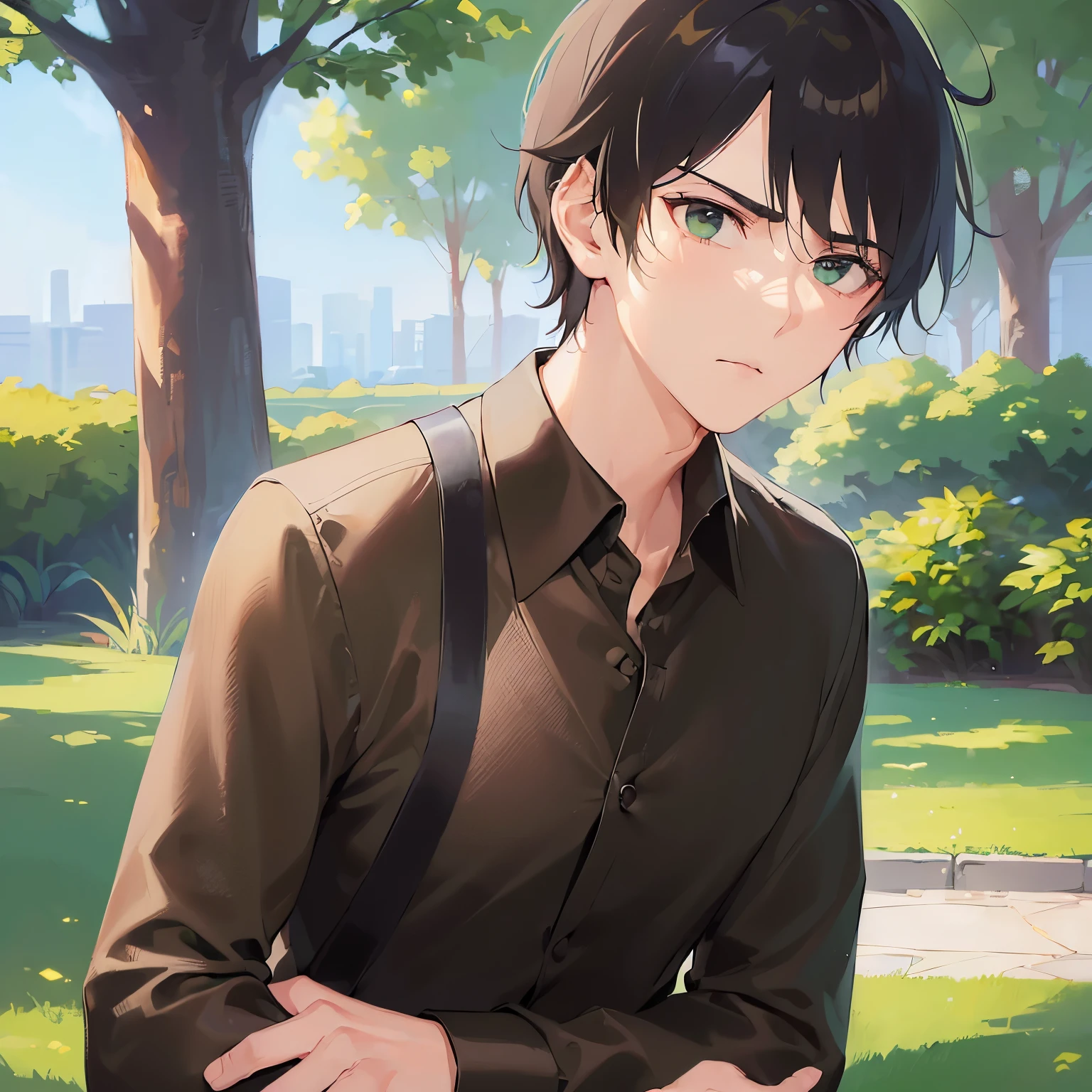 (looking away:1.5),upper body、
shiny skin, masterpiece、Highest quality、
(25-year-old male:1.5) and (Brown short hair) and (Green Eyes),
(black collared shirt:1.5) ,
furrowed brow、confused,park、(alone:1.5)