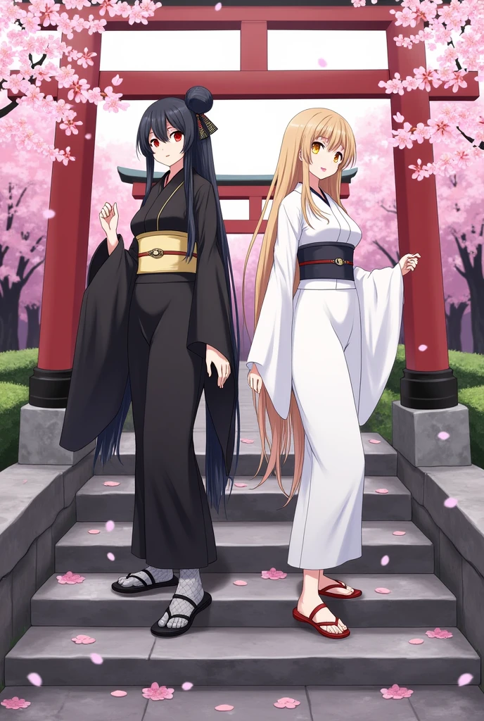 ((masterpiece,best quality)),2girls, black kimono, black legwear, black ribbon, black hair, cherry blossoms, day, flower, hair bun, hair ribbon, japanese clothes, kimono, long hair, looking at viewer, looking back , multiple girls, belts, outdoors, red eyes, red hair, ribbon, sandals, single bun, stairs, standing, statue, torii, tree, white kimono, yellow eyes