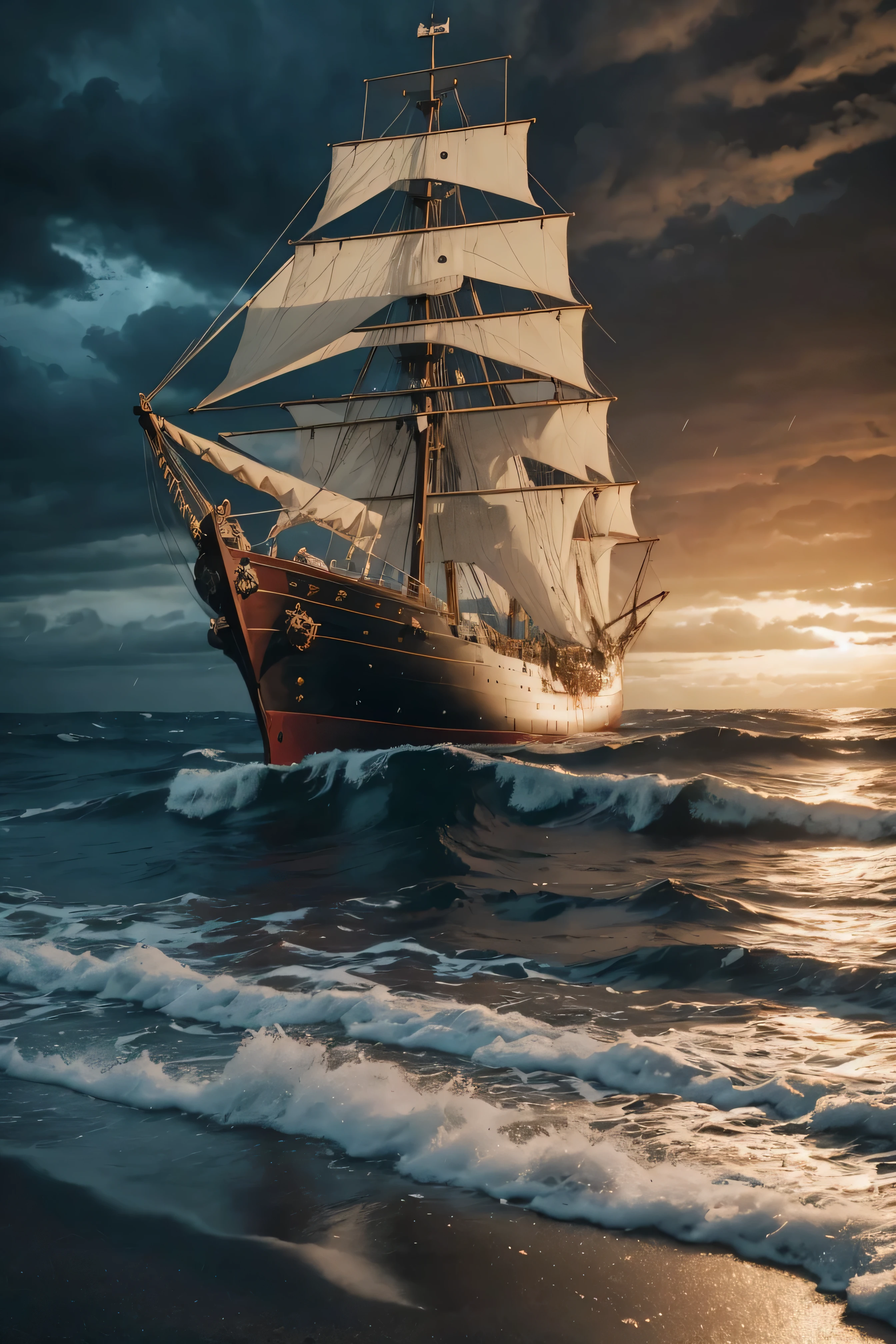 full body Pirate Queen, braided red hair with sideburns, blue eyes, red lips, big breasts, broad athletic shoulders, slim waist, long shapely legs, gloomy gaze, white baggy-new shirt, black leather vest, brown leather pants, wide brown belt, brown high boots , standing on a rocky shore of a beach looking at the sea, night, dark, stormy sea, fog, dark clouds, a 17th century masted ship in the distance, dramatic mood, Hollywood movie style foto realistic high quality high resolution 3d effect unreal engine image