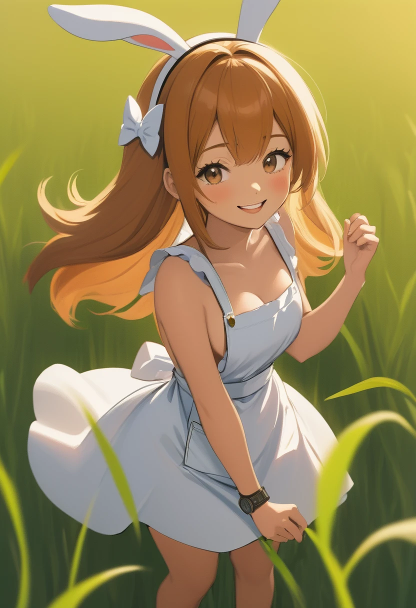 1girl, topless, rabbit ears, smiling, white apron,
have a pocket watch, on grasses