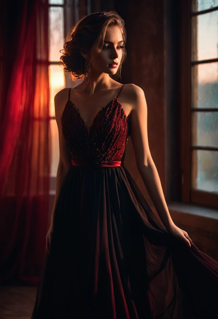 closeup shot, woman in a dress standing in front of a window, romanticism, in evening gown, flowing gown, wearing a flowing dress, mysterious woman, haunting beautiful young woman, wearing a black flowing dress, flowing dress, woman in dress, extremely moody red lighting,