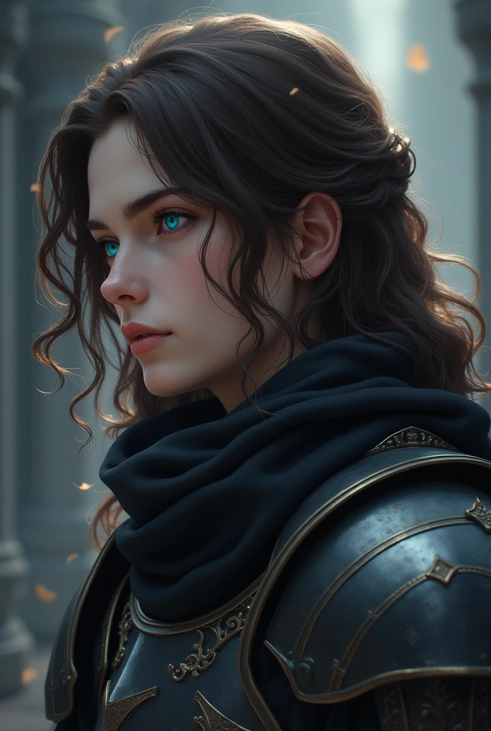Knight with brown hair and blue eyes calm face long curly hair with "Berserk Armor" anime style profile picture
