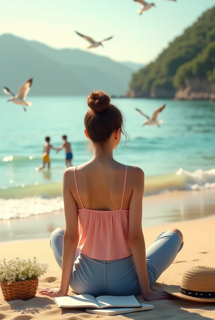 (serene beach scene:4.3), (solo, full body:1.2), (peaceful sunrise:4.3), photorealistic, best quality, (woman with high bun:1.2), (pink spaghetti strap top:1.1), (knee-length blue leggings:1.1), (sitting, facing the ocean:1.3), (sunlight reflecting on the sea), (young boy playing with sand), (woven basket with white flowers, notebook, straw hat), (green mountains in background:1.2), (seagulls flying in sky:1.1), soft sunlight, calm waves, finely detailed, cinematic lighting, wide image, 1500x1000 pixels.