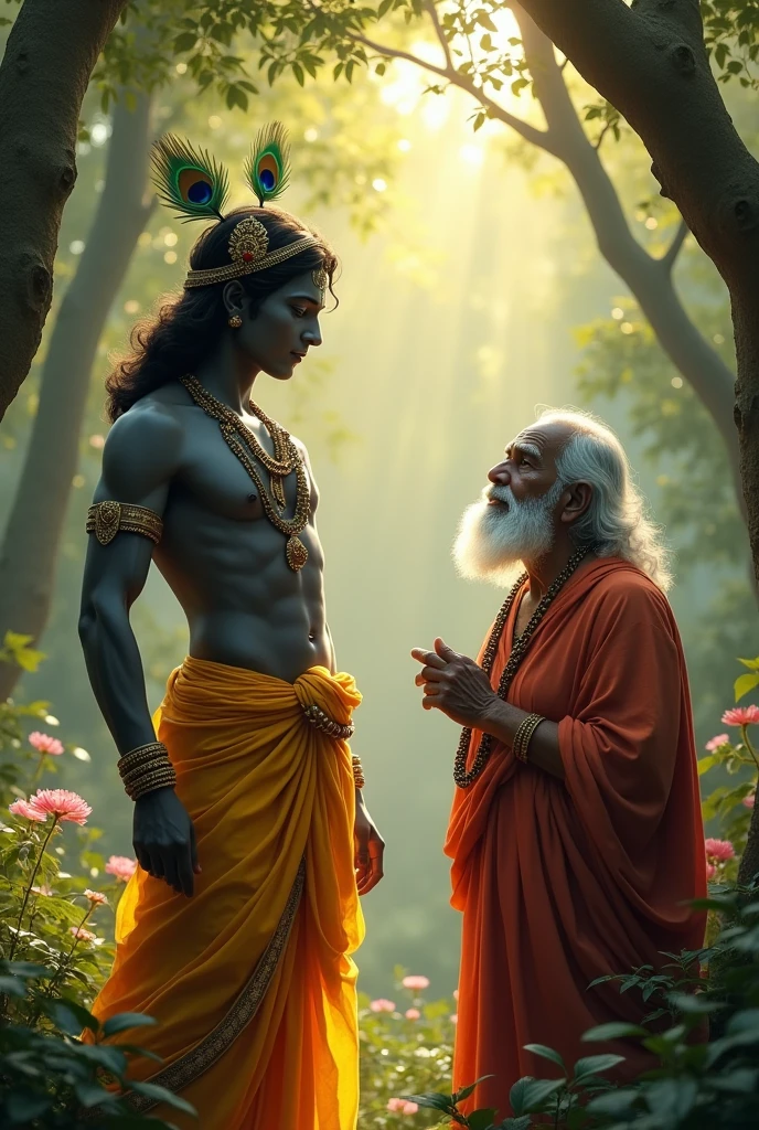 God krishna meat with Indian sant with tear in forest
