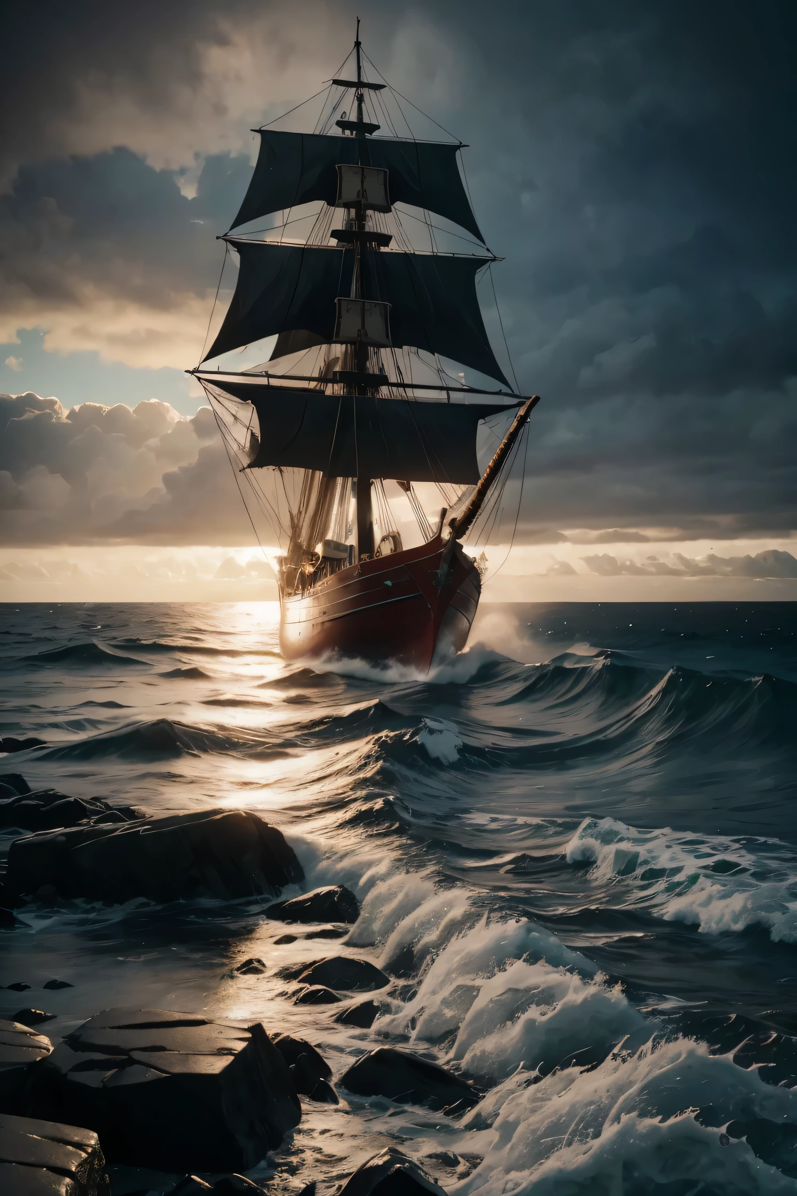 full body Pirate Queen, braided red hair with sideburns, blue eyes, red lips, big breasts, broad athletic shoulders, slim waist, long shapely legs, gloomy gaze, white baggy-new shirt, black leather vest, brown leather pants, wide brown belt, brown high boots , standing on a rocky shore of a beach looking at the sea, night, dark, stormy sea, fog, dark clouds, a 17th century masted ship in the distance, dramatic mood, Hollywood movie style foto realistic high quality high resolution 3d effect unreal engine image