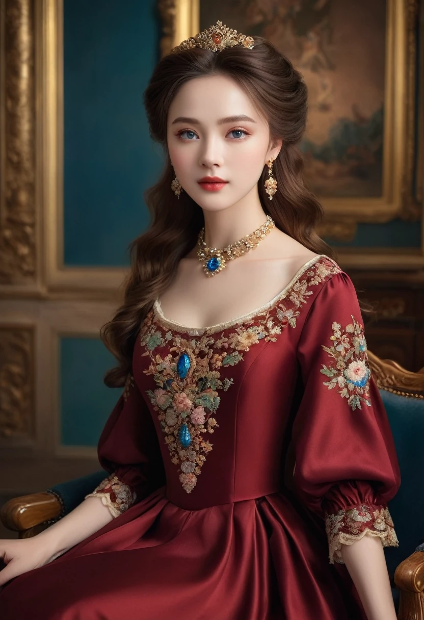 (best quality,4K,8K,high resolution,masterpiece:1.2),Extremely detailed,(Practical,photoPractical,photo-Practical:1.37),portrait,,Pastel,personalized masterpiece,18th century,Russian,noble,Queen,Heat and cold,noble Daughter,,Extremely beautiful,Face,Has dark blue eyes,Delicate nose,Sweet mouth,Porcelain skin,红扑扑的Face,Long flowing brown hair,Burgundy silk dress,Elegant Posture,Fine Jewelry,Embroidered lace collar,Grand Background,Rich interior,Faint golden light