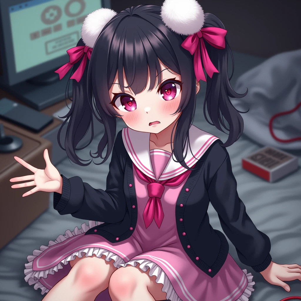 One person, Black Hair,Pink inner color,Hairstyle is half twin tail, bangs,Pink Eyes, Droopy eyes,Hearts in eyes, White fluffy hair accessory,Pink hair ribbon, anime, anime風, skirt,Frills,Mine system,smartphone,Pink Sailor Suit,Dark cardigan,Drooping eyes,Confused eyes,Worried brow,Yandere,background computer,smartphone,delivery,Illness,dark,Korelis,Pushing